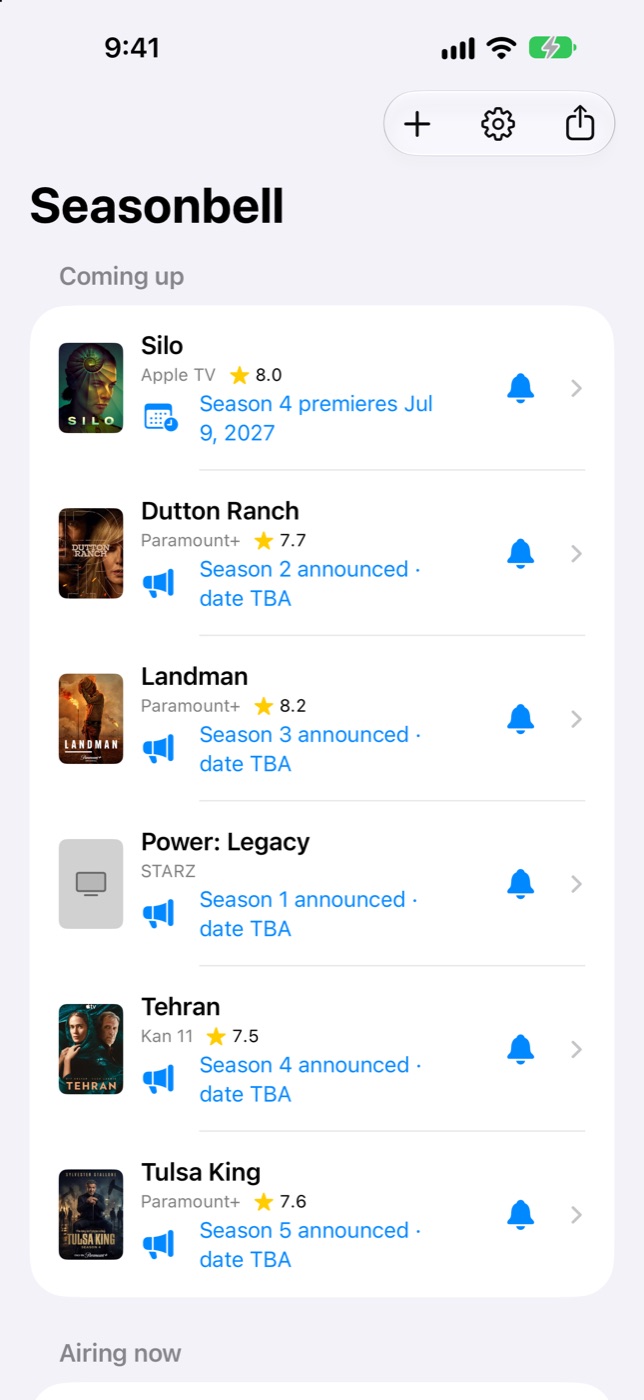 Seasonbell list of followed shows with ratings and upcoming premiere dates
