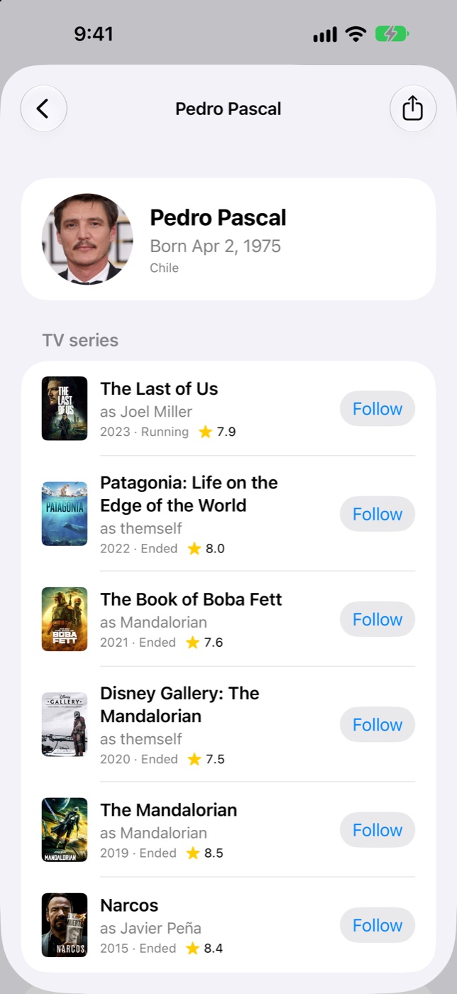 Pedro Pascal's page in Seasonbell listing his TV series with ratings and Follow buttons